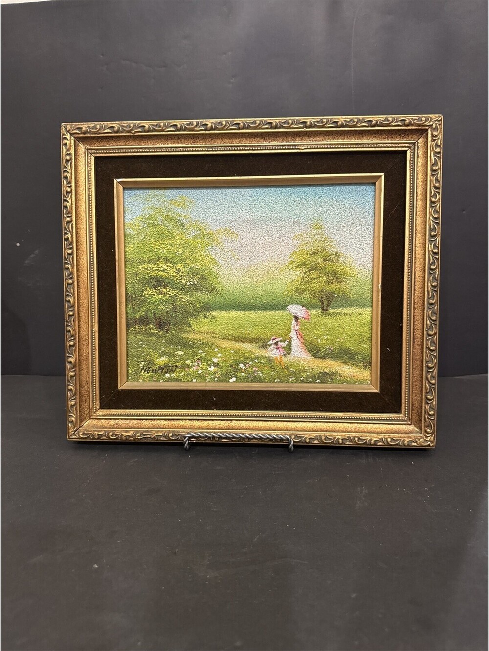 Vintage Signed Newton Oil Painting In Victorian Wood Frame  - Lady & Little Girl